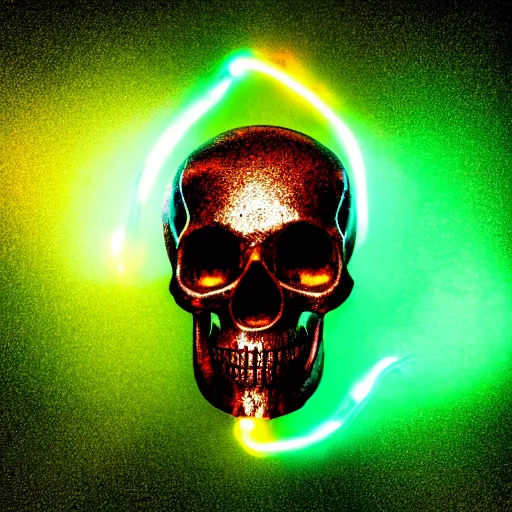 Image similar to psychedelic skull with a hood connected to a robotic body made of rusty metals holding a floating neon orb, electricity, high detail, cinematic lighting