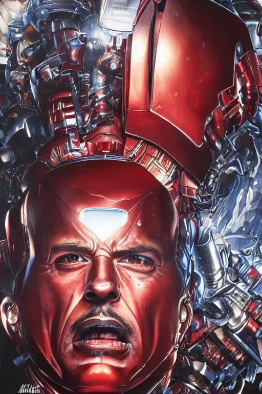 Prompt: uhd hyperrealistic photorealisitc hyperdetailed detailed iron man head exploding, puking blood, screaming, with sparking circuits, studio lighting, by ayami kojima amano karol bak, greg hildebrandt and mark brooks