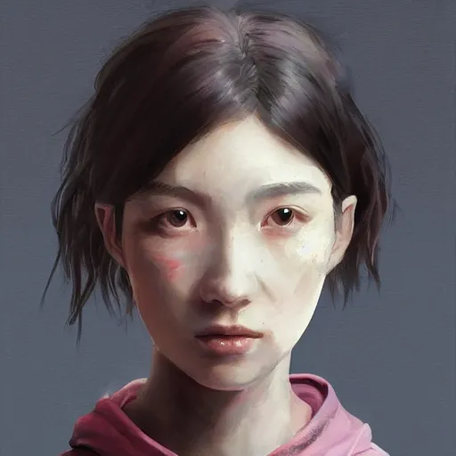 Image similar to Portrait of a woman by Greg Rutkowski, she is about 18 years old, mixture between japanese and british, messy bob black hair, young, pale, tired but friendly look, she's wearing a a pink oversized hoodie and a black adidas tracksuit, highly detailed portrait, scifi, digital painting, artstation, concept art, smooth, sharp foccus ilustration, Artstation HQ