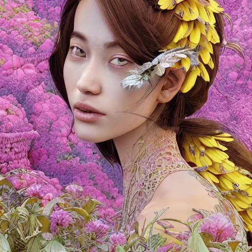 Prompt: the portrait of the most beautiful, graceful, and elegant young woman made of bananas and petals, an ultrafine detailed illustration by kim jung gi, rossdraws, irakli nadar, intricate linework, bright colors, final fantasy, behance contest winner, angular, unreal engine 5 highly rendered, global illumination, radiant light, detailed and intricate environment