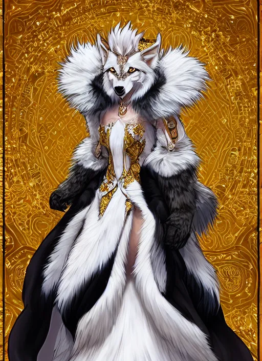 Prompt: commissioned full body furry portrait of a female anthro wolf-headed princess fursona with white hair wearing a white and gold chinese armored dress in a white and gold palace, by a professional manga illustrator, Stanley Artgerm Lau, WLOP, Rossdraws, James Jean, Andrei Riabovitchev, Marc Simonetti, and Sakimichan, trending on artstation