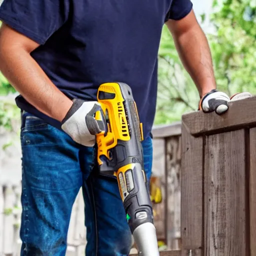 Image similar to young latino man using cordless power tool made by dewalt