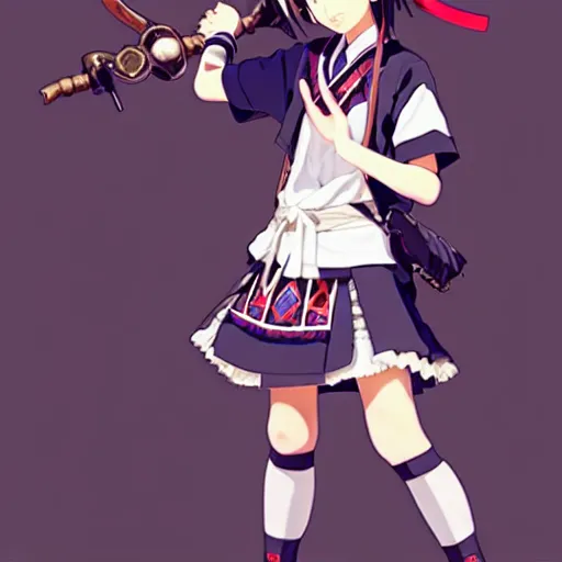 Image similar to a beautiful! boyish! natalie portman model, wearing japanese catholic school girl outfit with mayan pattern and native style, aztec street fashion, guilty gear art direction, perfect anime face, gapmoe yandere grimdark, trending on pixiv fanbox, painted by greg rutkowski makoto shinkai takashi takeuchi studio ghibli, akihiko yoshida