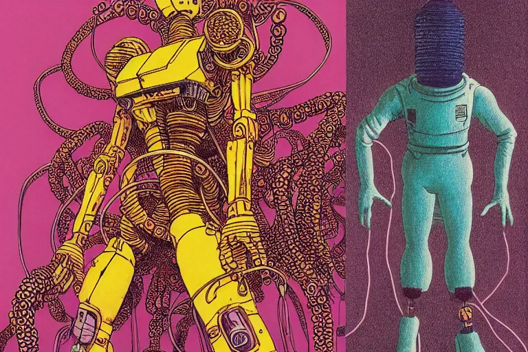 Image similar to risograph grainy drawing vintage sci - fi, satoshi kon color palette, gigantic gundam full - body covered with human bodies and wires, with lot tentacles, codex seraphinianus painting by moebius and satoshi kon and dirk dzimirsky close - up portrait