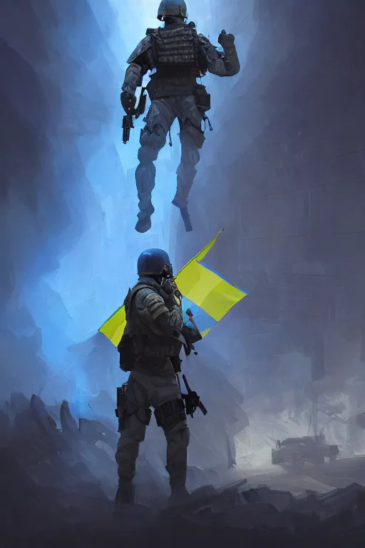 Prompt: a cinematic shot of a special forces unit with ukrainian blue yellow flag and standing ready to fight, masculine figure, d & d, fantasy, bright atmosphere, volumetric lights, intricate, elegant, extremely detailed, digital painting, artstation, concept art, matte, smooth, sharp focus, hyper realistic, illustration, art by artgerm and greg rutkowski and alphonse mucha