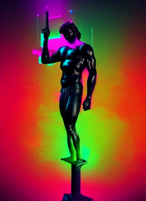 Prompt: black and neon colors, statue of hercules, beeple, vaporwave, retrowave, glitch, strong contrast, pinterest, trending on artstation