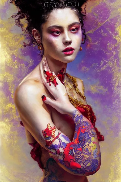 Image similar to an epic painting of a 1 9 years old girl figure, curly messy high bun hairstyle, oriental tattoos, subject wearing a gold and ruby high fashion gown, flowing, ornate, beautiful, dramatic earth colors, with few vivid purple highlights, symmetrically isometrically centered, by jeremy mann and greg rutkowski, artstation, oil on canvas