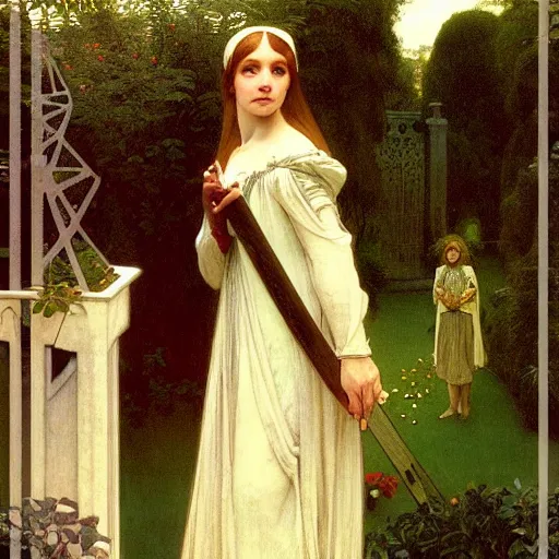 Prompt: A girl with on the front of a Balustrade porch with a hedge maze on the background, major arcana occult clothes, by paul delaroche, alphonse mucha and arnold böcklin arnold böcklin hyperrealistic 8k, very detailed