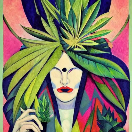 Image similar to goddess of plants art by james jean, and art by sonia delaunay highly detailed painting trending on arstation vivid colors cannabis