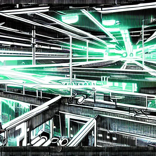 Prompt: a scifi illustration, factory interior dark with neon green vats of fluid. seen from above, parallax bloom effect, heavy linework line brush, graphic novel style