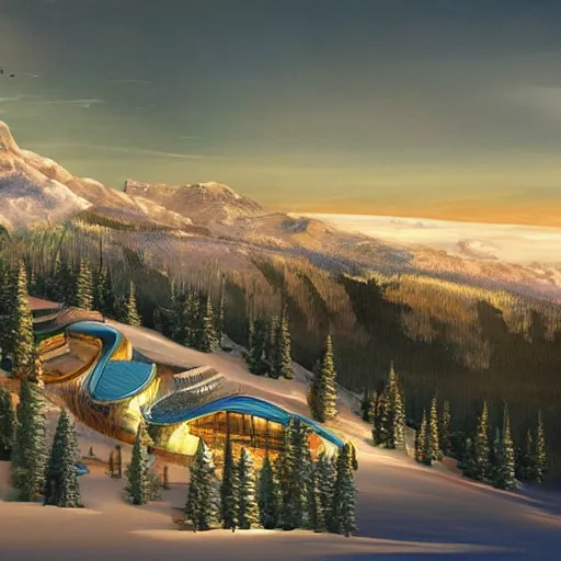 Prompt: iridescent ski resort, concept art, architecture plans