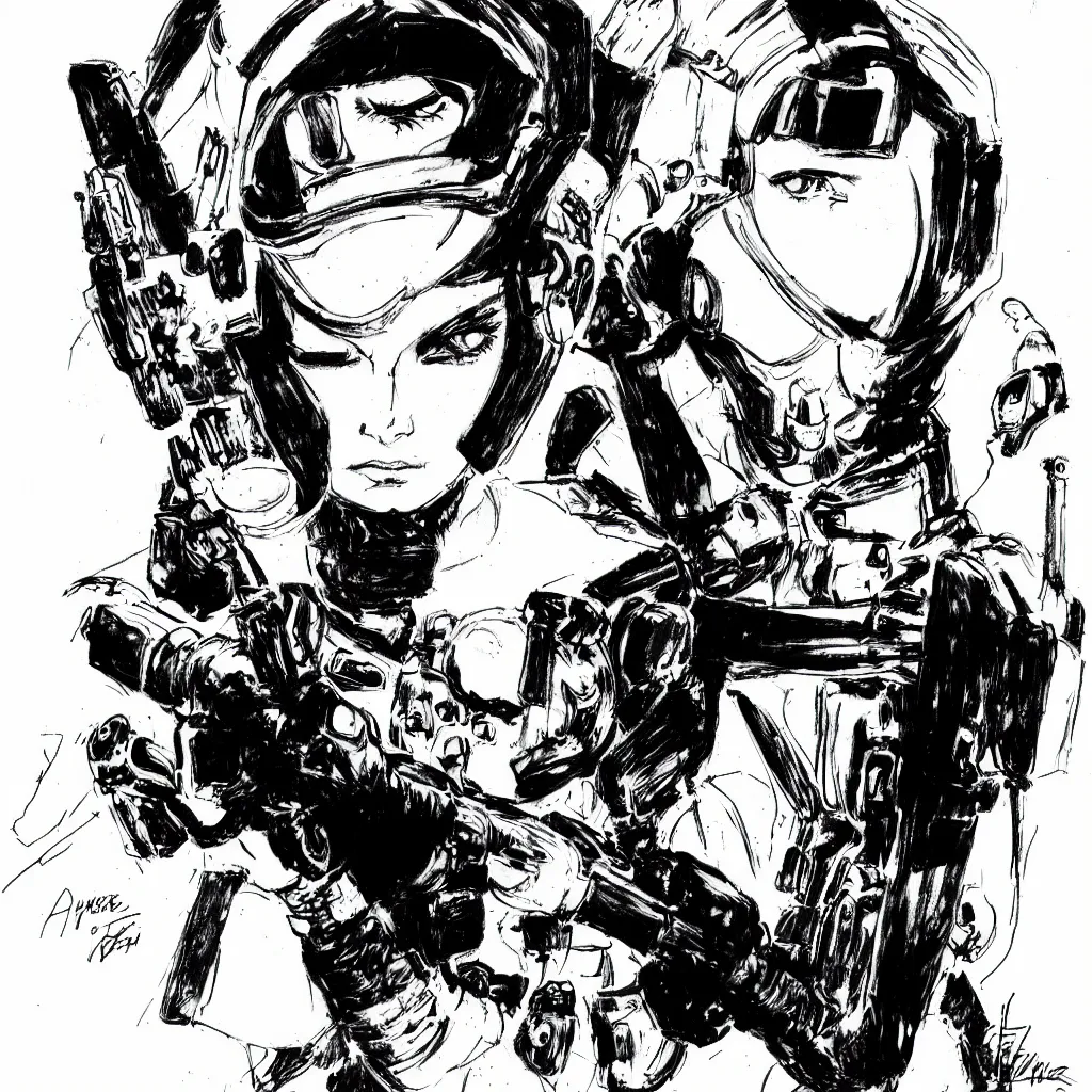 Image similar to beautiful portrait of a young futuristic female soldier, frank miller style, sketch