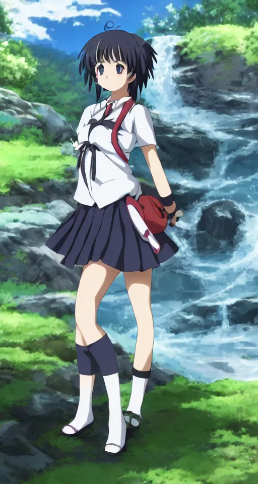 Image similar to high quality anime-style image of Hestia from Is It Wrong to Try to Pick Up Girls in a Dungeon wearing a plaid schoolgirl skirt, green curled pigtails hair, standing near a waterfall, 4k, digital art, wallpaper