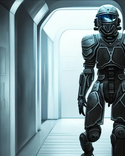 Image similar to ultra realist and ultra intricate detailed soft painting of a sci-fi armored male, helmet, walking down futuristic hallway, sensual gloomy style, volumetric clouds, unreal render, depth of field