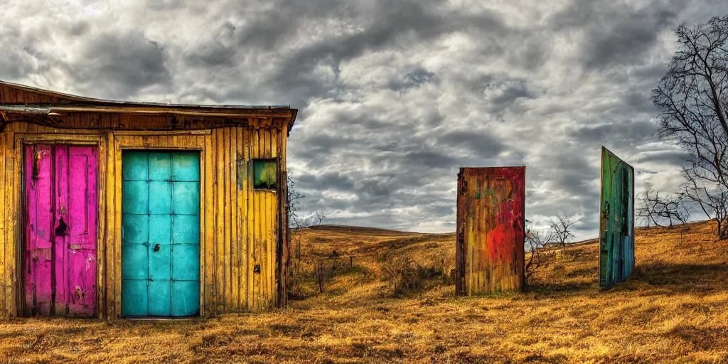 Prompt: An epic wide shot of a surreal landscape of vibrant rolling hills with doors of various shapes, sizes and colors, wood, peeling paint, metal, fantasy, winter