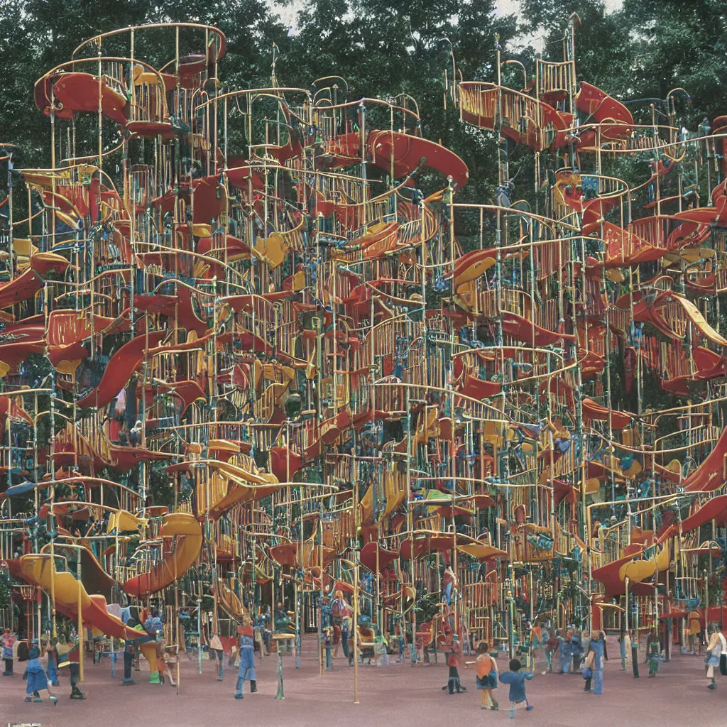 Image similar to full - color closeup 1 9 7 0 s photo of a vast incredibly - large complex very - dense tall many - level playground in a crowded schoolyard. the playground is made of brown wooden planks, black rubber tires, silver metal bars, and beige ropes. it has many spiral staircases, high bridges, ramps, balance beams, and metal tunnel - slides.