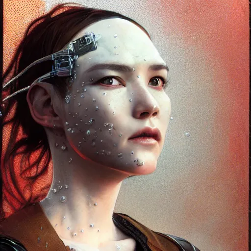 Image similar to portrait of punk cyborg woman, water particles floating in the air, finely detailed facial features, weathered drawing, film grain, painted art by tsuyoshi nagano, greg rutkowski, artgerm, alphonse mucha, spike painting