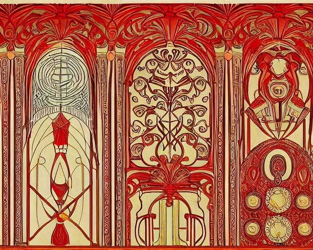 Prompt: mural from the early 1 9 0 0 s in the style of art nouveau, red curtains, art nouveau design elements, art nouveau ornament, brick wall, opera house architectural elements, mucha, masonic symbols, masonic lodge, ernst - ludwig - haus, darmstadt