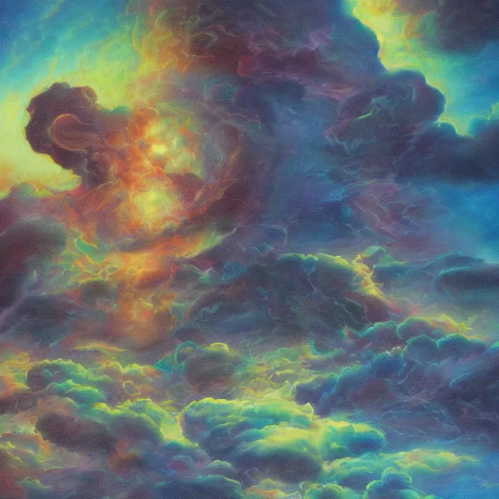 Image similar to temple of sleep non-Euclidean geometry sleepwalker mythos dream clouds and lambent fog, award winning oil painting, polychromatic spectrum