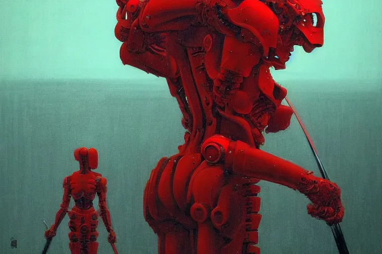 Image similar to only with red, a red cyborg samurai, tokio futuristic in background, some evil yokai fight, in the style of beksinski, parts by edward hopper, parts by rodcenko, parts by yue minjun, intricate and epic composition, red by caravaggio, insanely quality, highly detailed, masterpiece, red light, artstation, 4 k