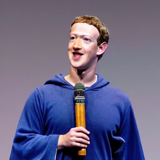 Prompt: Mark Zuckerberg as a wizard wearing blue robes, a blue pointed wizard hat and holding a magic staff, highly detailed, high quality, HD, 4k, 8k, Canon 300mm, professional photographer, 40mp, lifelike, top-rated, award winning, realistic, sharp, no blur, edited, corrected, trending