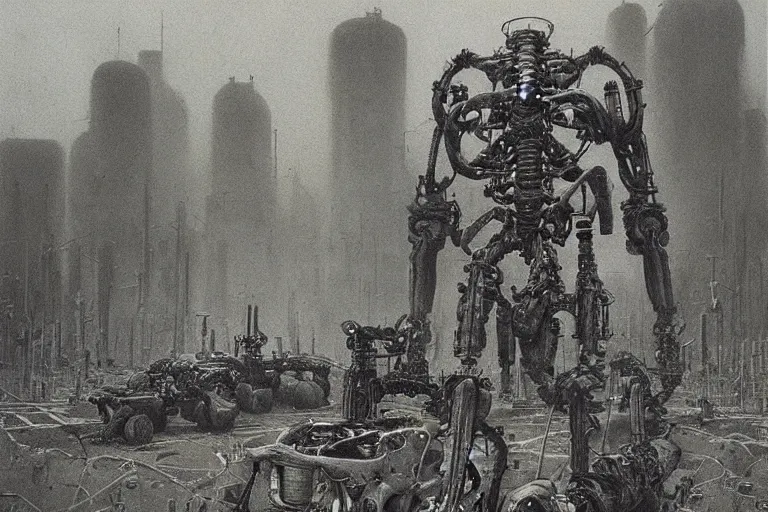 Prompt: tobots cyborgs scrapyard by beksinski