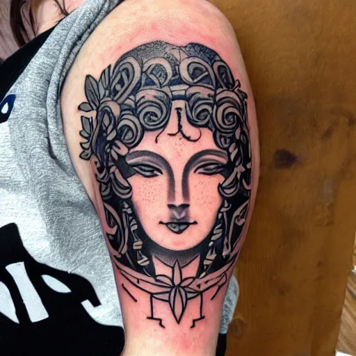 Image similar to detailed, tattoo design, portrait of medusa, surrounded by lotus flowers and geometry