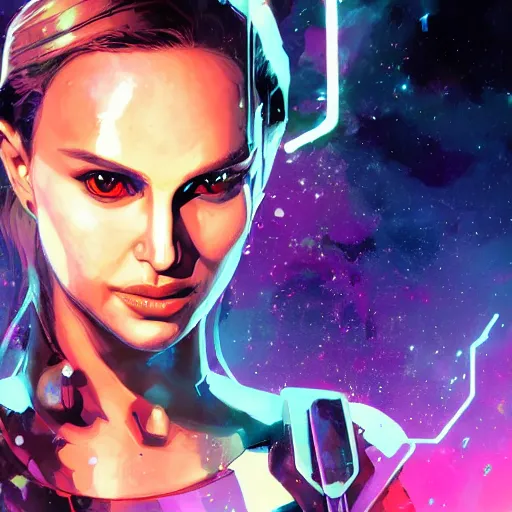 Prompt: highly detailed portrait of Natalie Portman Thor ((((THOR)) by Dustin Nguyen, Akihiko Yoshida, Greg Tocchini, Greg Rutkowski, Cliff Chiang, 4k resolution, nier:automata inspired, bravely default inspired, vibrant neon color scheme!!! ((Space nebula background))