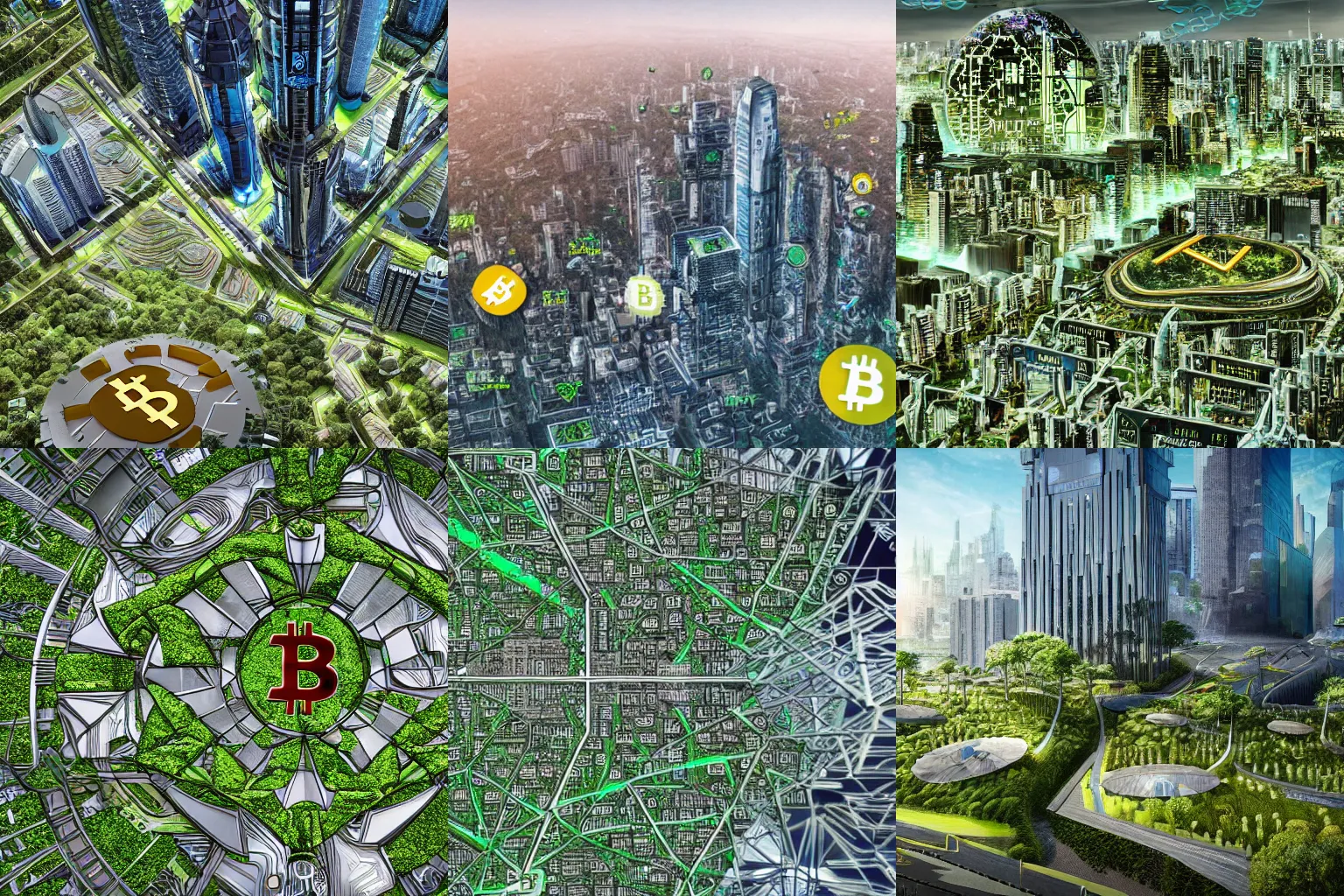 Prompt: Photo of a futuristic Bitcoin megacity with plenty of vegetation, Bitcoin logos everywhere, utopia, highly-detailed