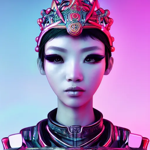 Image similar to alien princess, style of Feng Zhu, Artstation geometric, symmetrical, intricate crown, high fashion, streetwear, smooth skin, perfect face, cyberpunk, detailed, octane render, cinematic, 8k,