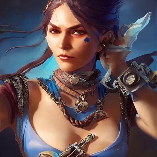 Image similar to Female pirate captain with blue skin, 4k oil on linen by wlop, artgerm, andrei riabovitchev, nuri iyem, james gurney, james jean, greg rutkowski, highly detailed, soft lighting 8k resolution