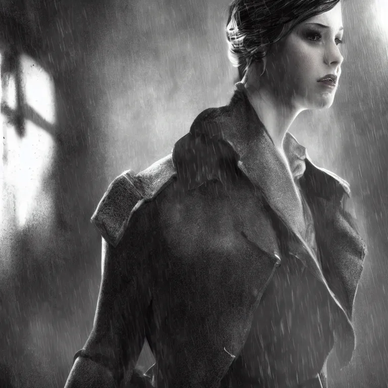 Image similar to cute emily from dishonored in dunwall city, beautiful face, pale skin, rule of thirds, cinematic lighting, rainy weather, melancholy atmosphere, sharp focus, backlit, stunning, model agency, smooth, hard focus, full body shot, instagram photo, shot on iphone 1 3 pro max, hyper realistic, cinematic