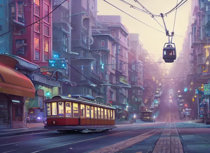 Image similar to a cable car is flying on the street of san francisco, unreal engine, fantasy art by greg, loish, rhads, ferdinand knab, tom bagshaw, makoto shinkai and lois van baarle, rossdraws, ilya kuvshinov, night lighting, trending on studio ghibli, highly detailed, 8 k, octane render