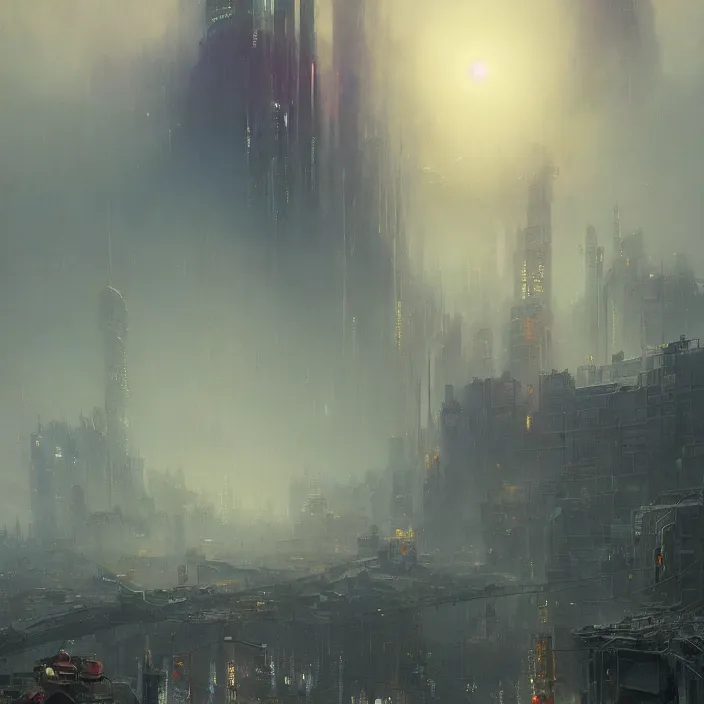 Image similar to a beautiful painting of a cyberpunk city on the wasteland by ivan aivazovsky and greg rutkowski and james gurney and frank lloyd and sung choi, in style of impressionnisme. hyper detailed, sharp focus, soft light. unreal engine 5 lumen. ray tracing. trending on artstation. oil on canvas