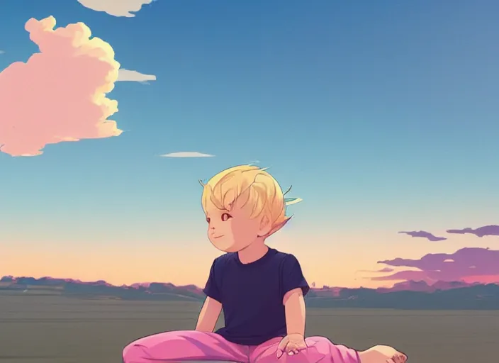 Image similar to a little boy with blonde hair sitting on a cloud in front of a pink and blue sunrise sky. clean cel shaded vector art. shutterstock. behance hd by lois van baarle, artgerm, helen huang, by makoto shinkai and ilya kuvshinov, rossdraws, illustration, art by ilya kuvshinov