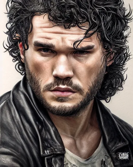 Prompt: portrait of kit harrington, gritty, dark, wearing a undone leather jacket, bare-chested, very detailed eyes, hyperrealistic, very detailed painting by Glenn Fabry, by Joao Ruas, by Artgerm, mfs shot