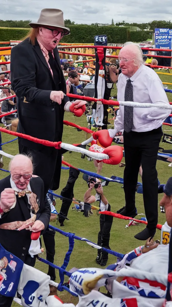 Image similar to michael fish vs john mccririck in a boxing match, in the middle of a paddock