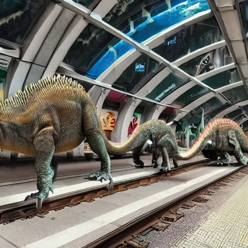 Image similar to a group of dinosaurs are crowding the subway, which runs above the water, miyazaki hayao.