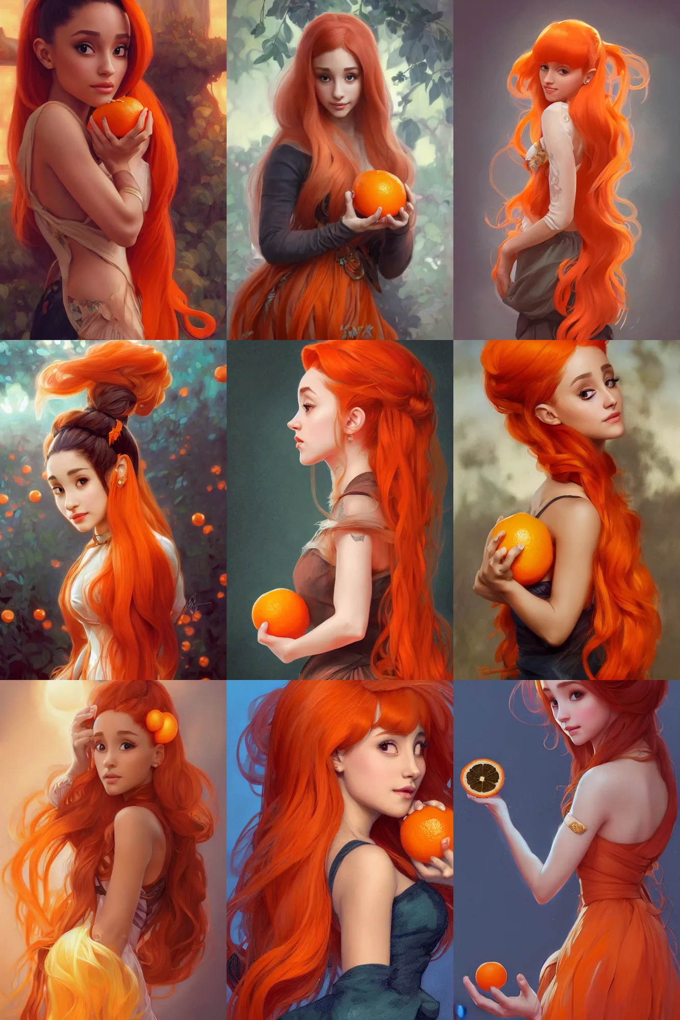 Prompt: beautiful cottagecore Ariana Grande holding an Orange orange, orange hair, intricate, elegant, highly detailed, digital painting, artstation, concept art, smooth, sharp, focus, illustration, art by artgerm and greg rutkowski and alphonse mucha