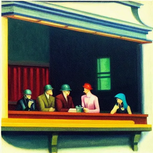 Prompt: “ nighthawks by edward hopper, but with aliens in the cafe.