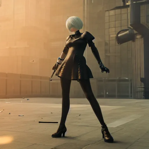 Prompt: 2B nier automata standing in front of a large building holding a Glock, detailed, artstation, concept art, Unreal Engine 5 render, 8K