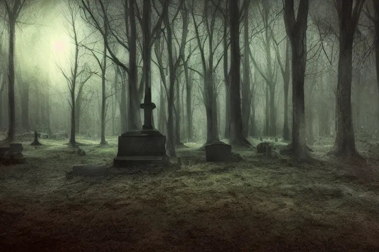 Image similar to dark and spooky haunted woods graveyard. atmospheric, oil painting on canvas. fairytale setting, cinematic lighting. dramatic framing. volumetric lighting. romanticism