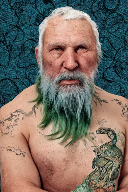 Prompt: portrait of a old man with cracked manatee skin. dark blue-green hair, shaved, dark flower pattern wallpaper background, high detail, by Eddie Mendoza