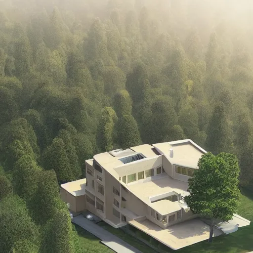 Image similar to beige rectangular house built around big central garden, on a hill surrounded by big trees, dramatic lighting, artstation, matte painting, raphael lacoste, simon stalenhag, frank lloyd wright, zaha hadid, drone view