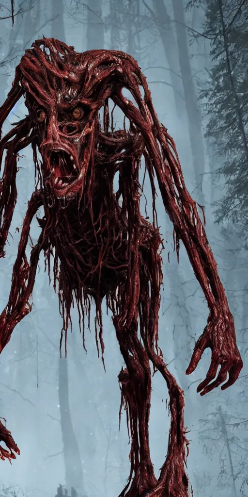 Image similar to photorealistic ultra detailed tall skinny humanoid creature with decomposed skin with fur and blood dripping, the woods, night, extremly detailed, 8 k, realistic, sharp focus, cosmic horror creature, cosmic horror, from the movie the thing, mysterious creature, bloody eyes