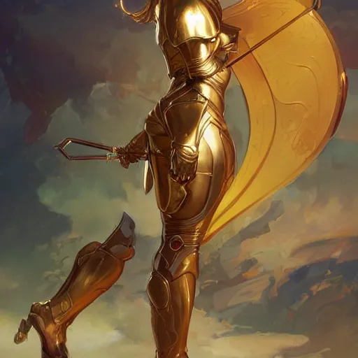 Prompt: a woman wearing a golden armor, full-body shot, digital painting, smooth, elegant, hd, art by WLOP and Artgerm and Greg Rutkowski and Alphonse Mucha