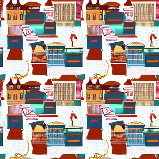 Image similar to fashion house hermes repeating pattern featuring cities and people vector illustration in style of anime realistic uhd 8 k