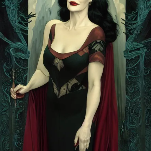 Prompt: catherine o'hara as morticia addams, masterpiece, intricate, elegant, highly detailed, digital painting, artstation, concept art, smooth, sharp focus, illustration, art by artgerm and greg rutkowski and alphonse mucha and uang guangjian and gil elvgren and sachin teng, symmetry!!