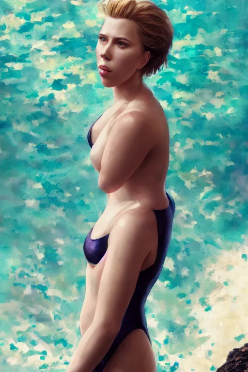 Prompt: a fancy portrait of Scarlett Johansson in a swimsuit by Greg Rutkowski, Sung Choi, Mitchell Mohrhauser, Maciej Kuciara, Johnson Ting, Maxim Verehin, Peter Konig, final fantasy , mythical, 8k photorealistic, cinematic lighting, HD, high details, atmospheric,