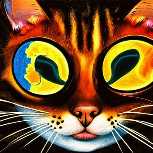 Prompt: portrait of a cat in the movie fear and loathing in las vegas, extremely detailed, psychedelic, trippy, digital painting, centered, vertical symmetry, trending, artstation artwork by leonardo da vinci